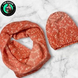 Beanie Infinity Scarf Set OS Coral Orange Marled Knit Winter Y2K Retro Boho Cozy
